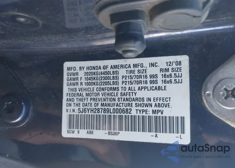 2009 Honda Element Ex from USA, damaged, VIN 5J6YH28789L000682